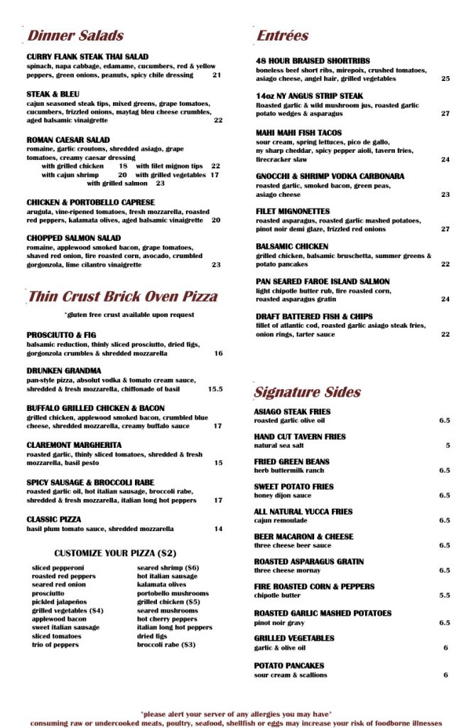 Dinner Menu – The Claremont Tavern