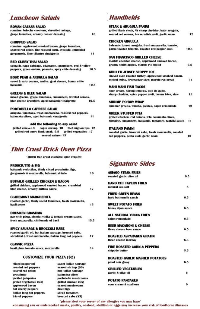 Lunch Menu The Claremont Tavern