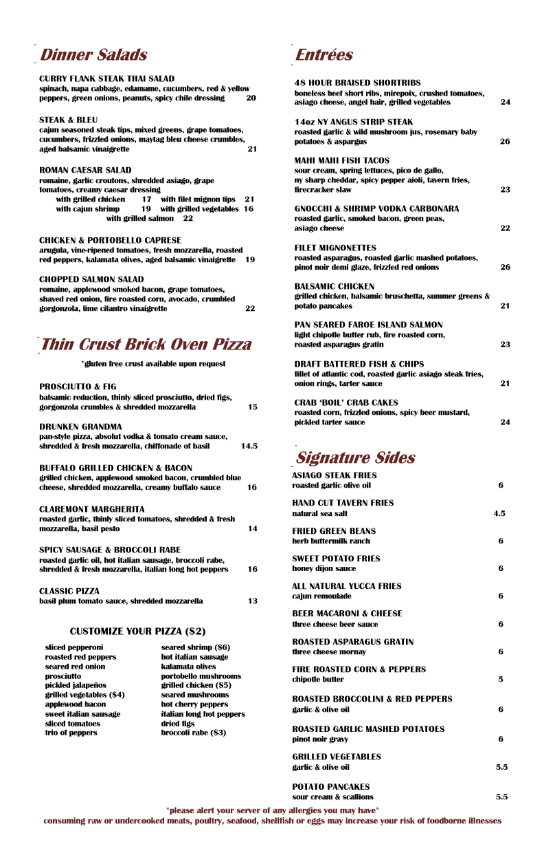 Dinner Menu – The Claremont Tavern